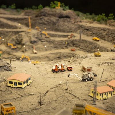 Miniature construction site with various equipment